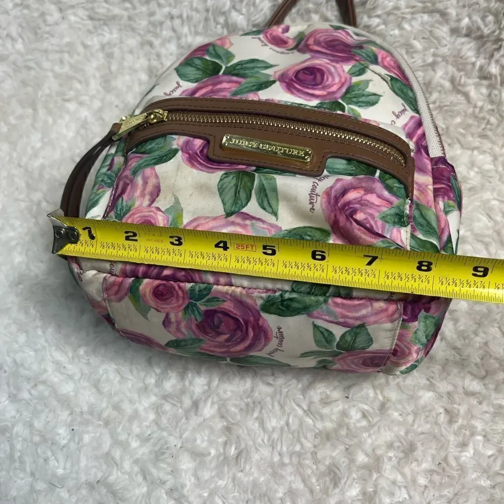 Juicy Couture Nylon mauve roses and green leaf prints mini backpack brown trims.